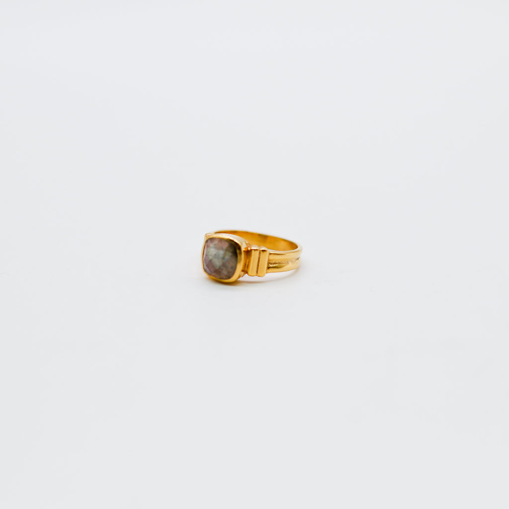 Gold ring with a gemstone on a white background